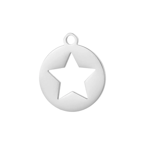 Polished silver stainless steel pendant with hollow star cutout on white background