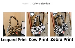 Chic cloud bags with leopard, cow, and zebra patterns featuring pleated shoulder straps