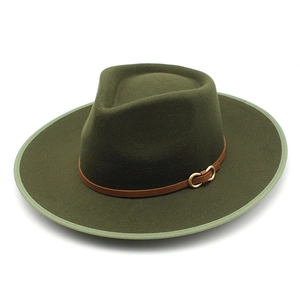 Classic dark green wool fedora hat with brown leather band and gold metal buckle detail