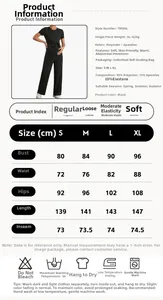 Detailed size chart for the black high elastic wide leg jumpsuit with fabric specifications