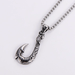 Mens silver stainless steel Moana fish hook pendant on a round box chain necklace