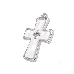 Polished silver metal cross pendant with embossed center and top loop for necklaces