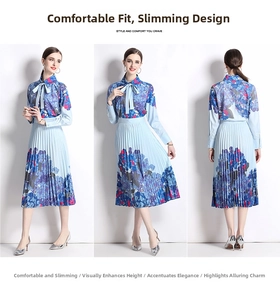 Detail view of navy hydrangea floral print polo shirt and pleated skirt set in light blue