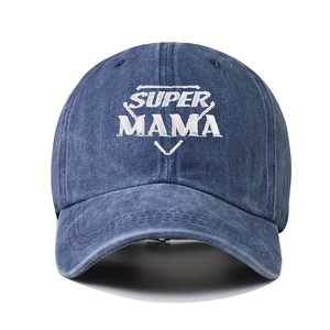 Close-up of white Super Mama embroidery on a washed navy blue cotton baseball cap