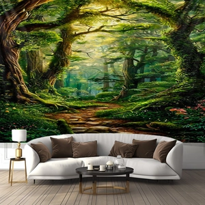 Detailed view of large forest tapestry with sunlit trees in a modern living room setup