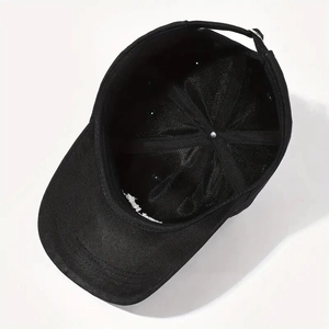 Detail view of cotton baseball cap interior featuring neat stitching and metal buckle