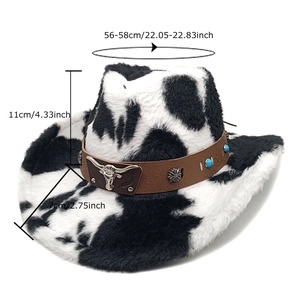 Chapeau de cowboy en peluche à motif vache avec ornement tête de taureau et turquoise