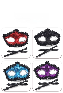 Set of four sequined masquerade masks in red black blue and purple with hand-held sticks