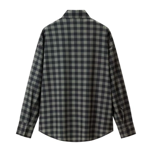 Back view of grey plaid long-sleeve shirt for women with elegant bow detail