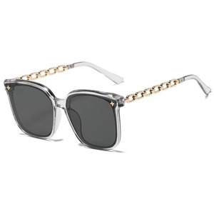 Stylish oversized square sunglasses with transparent gray frames and gold chain temples