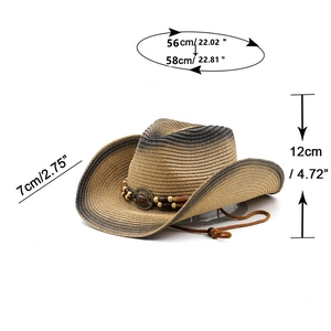 Detail view of woven cowboy hat with 7cm brim and adjustable beaded chin strap