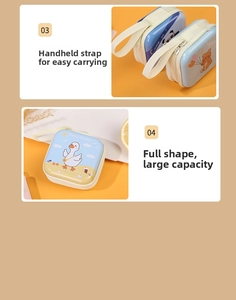 Detail of cartoon tin coin purse featuring yellow and blue patterns with a sturdy wrist strap