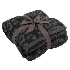 Gray leopard print fleece blanket with elegant ribbon bow for sofa and gift