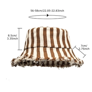 Brown and beige striped cotton bucket hat with frayed edges and dimensional labels