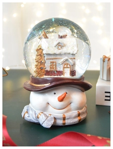 Detail of Christmas snowman crystal ball music box with micro landscape and glitter