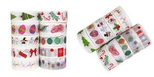 Detailed view of ten washi tape rolls featuring colorful Christmas and holiday patterns