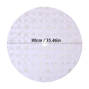 Detail view of 90cm white plush Christmas tree skirt with silver sequin snowflake pattern