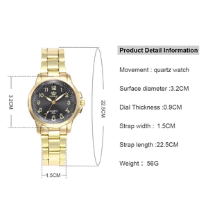 Detailed size specifications for the gold alloy quartz watch with measurement lines
