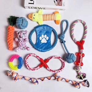 Detailed 10-piece dog chew toy set featuring cotton ropes, rubber rings and plush ducks