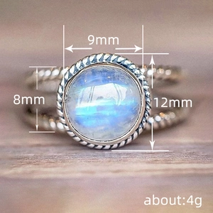 Vintage double layer moonstone ring with antique silver finish and 9mm blue gem