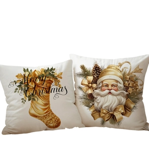 Christmas pillow covers with gold reindeer and santa patterns on faux linen fabric