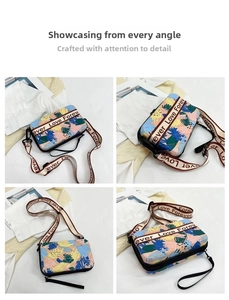 Vue détaillée du sac bandoulière graffiti coloré avec sangle Love Forever et zip