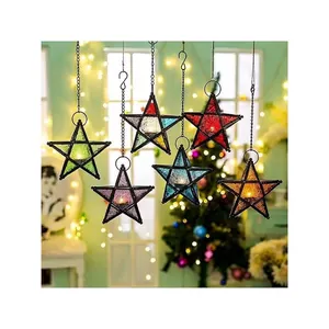 Star Hanging Candle Holder Lantern Iron Metal And Colored Glass Moroccan Retro Vintage Home Decor Windproof