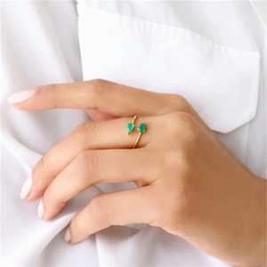 Minimalist S925 sterling silver cross open ring with green teardrop gemstones on model