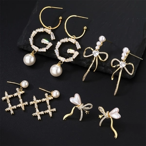Elegant Copper Gold Plated Dangle Earrings With Cubic Zirconia And Artificial Pearl Bowknot Geometric Design For Women