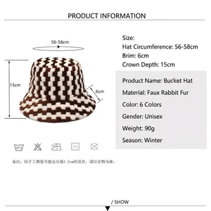 Winter faux rabbit fur bucket hat with detailed size chart showing 56-58cm head circumference