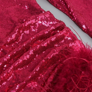 Detail of hot pink sequins and ostrich feathers on a fashionable party dress fabric