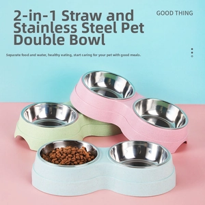 Detail showing stackable stainless steel pet double bowls with non-slip bases in three colors