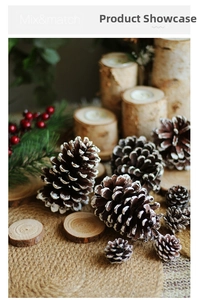 Natural pine cones with white snow effect and wooden accents for Christmas DIY decor