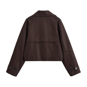 Short brown windbreaker jacket for women with lapel collar and buttoned cuffs, back view