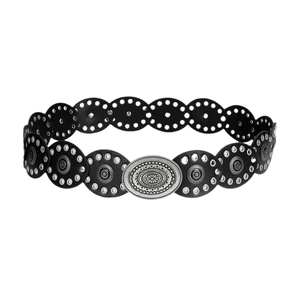 Cintura vintage europea in pelle nera per donna con borchie metalliche argentate