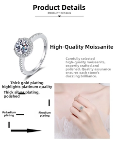 Detail of Moissanite ring showcasing multi-layer platinum plating and pave setting