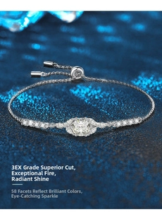 Macro detail of 925 silver moissanite bracelet with adjustable clasp and 3EX cut stones