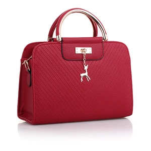Women Elegant PU Leather Handbag With Metal Deer Pendant V-Shape Stitching Shoulder Bag Crossbody Bag Fashion Daily Tote