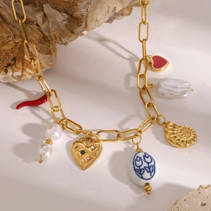 18k gold plated chunky chain necklace with red chili, baroque pearl and heart charms