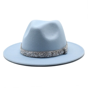 Fedora Hat For Women And Men Solid Color Cotton Polyester Felt With Silver Rhinestone Band Wide Flat Brim Elegant Accessory