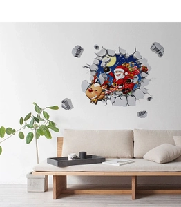 Detailed view of 3D Santa Claus wall sticker with reindeer breaking through a white wall