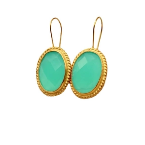 Elegant vintage oval mint green crystal earrings with gold twisted rope border and hooks