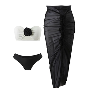 Three-piece bikini set with 3D rose flower top and sheer mesh long skirt beachwear
