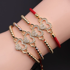 Heart Shape Nested Pendant Bracelet Copper Zircon Braided Rope Adjustable Multi Color Beads Romantic Jewelry For Women