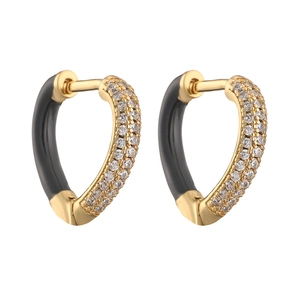 Sparkling gold and black enamel heart stud earrings with cubic zirconia inlays