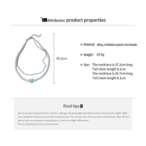 Detailed size specifications for double-layer heart pendant pearl and blue seed bead necklace
