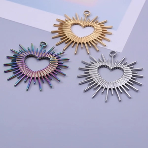 Three-piece sunburst heart pendants in gold, silver and rainbow plating for DIY jewelry