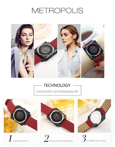 Detail view of square watch with red faux leather strap and polished stainless steel case
