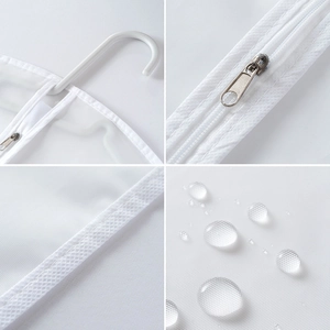 Waterproof white PEVA garment dust cover with durable zipper and hanger hole detail