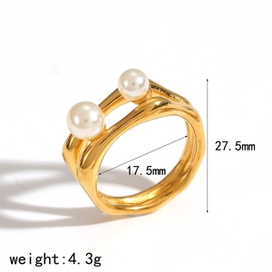 Golden double-layer titanium steel ring with pearls and size measurements on white background